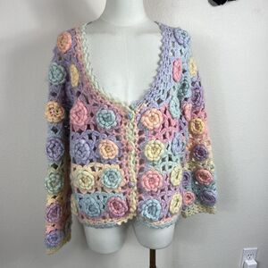 Handmade Granny Square Cardigan Sweater Womens One Size Pastel Floral Boho